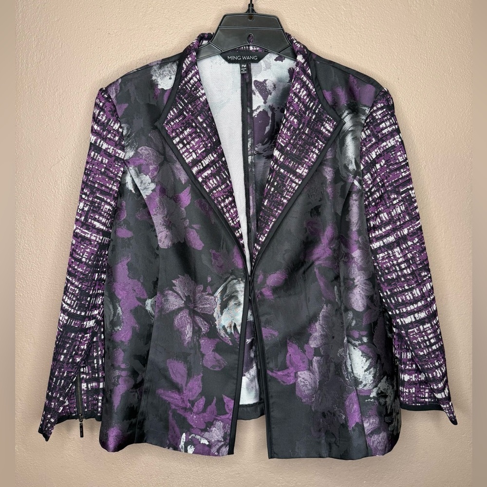 Ming Wang Contrast Jacket Heritage Fit Womens Blazer Size MP Purple Floral Print